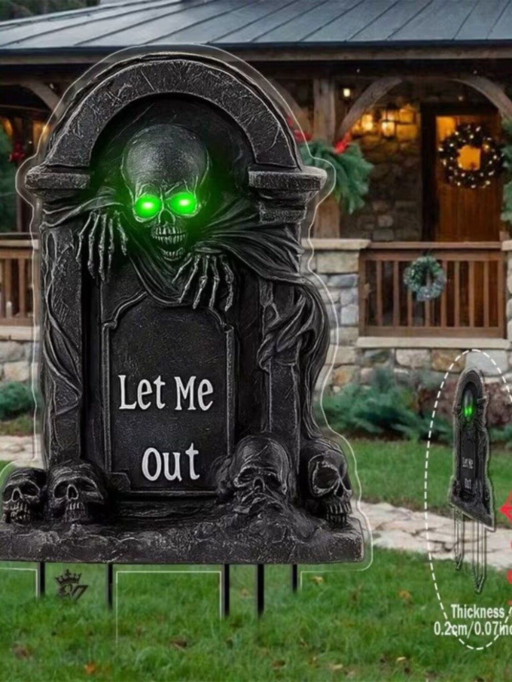 2D Flat Halloween Gothic Tombstone Skeleton Outside Garden Stake  Eyes Dont Glow